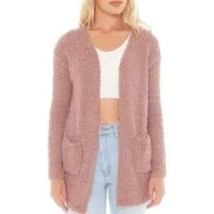 Woven Heart Women's Fuzzy Popcorn Eyelash Knit Mauve Cardigan Sweater Medium
